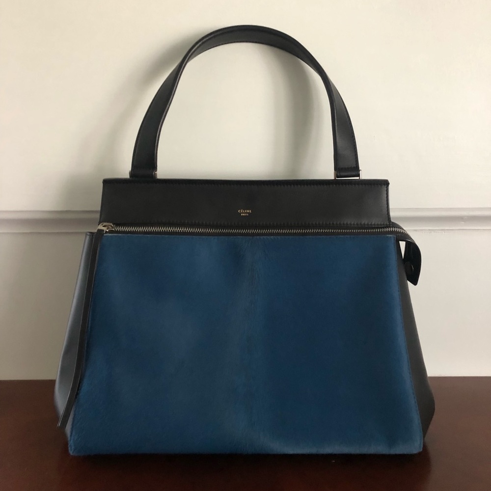 CELINE RARE NWT Medium Edge Satchel Blue Ponyhair & Black Leather - Picture 4 of 13